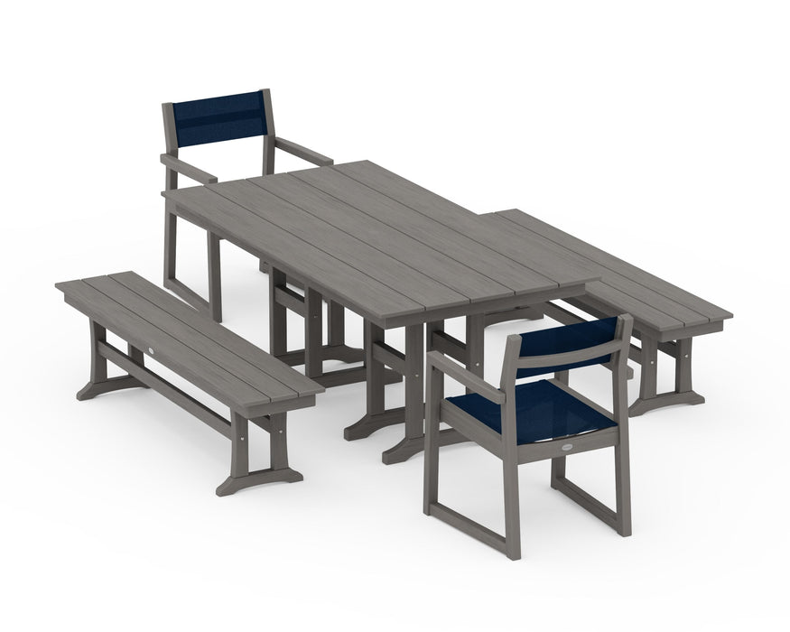 POLYWOOD® EDGE Sling Arm Chair 5-Piece Farmhouse Dining Set with Benches