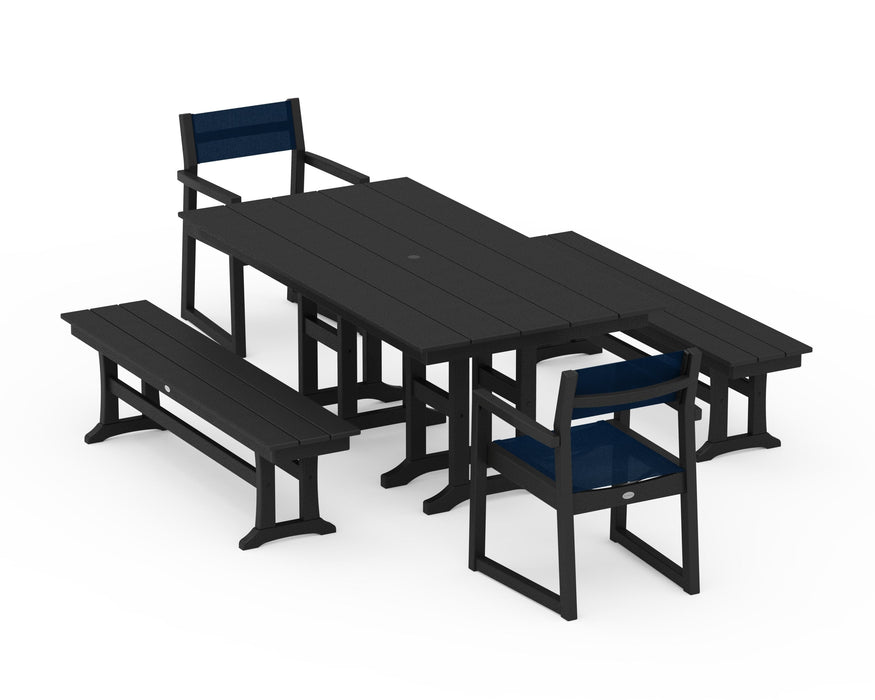 POLYWOOD® EDGE Sling Arm Chair 5-Piece Farmhouse Dining Set with Benches