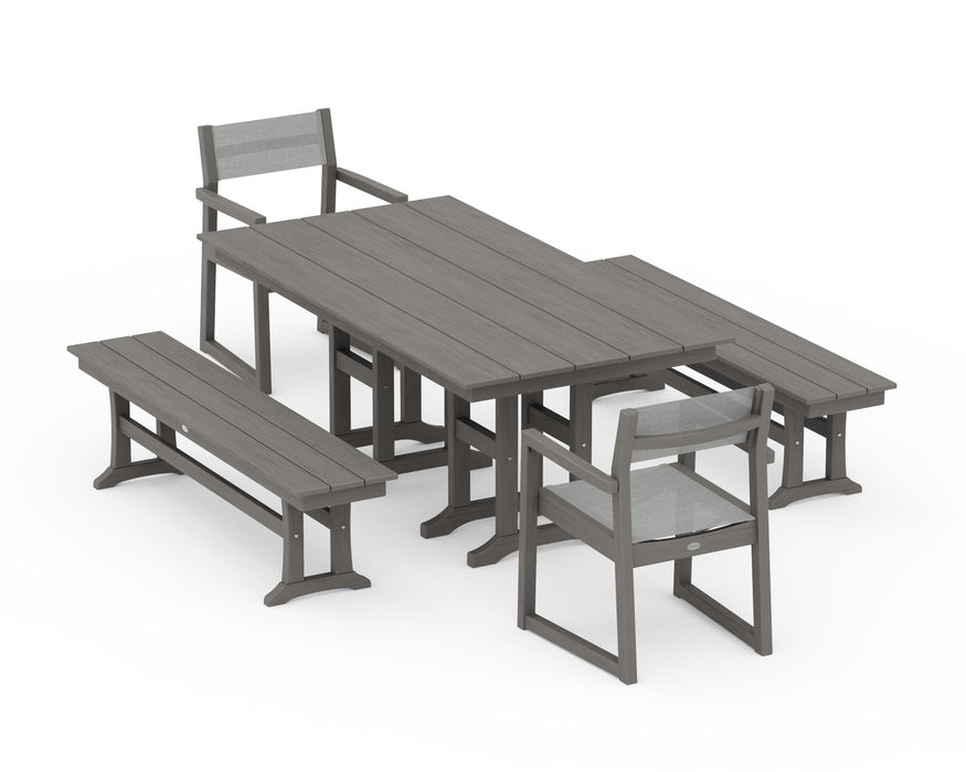 POLYWOOD® EDGE Sling Arm Chair 5-Piece Farmhouse Dining Set with Benches