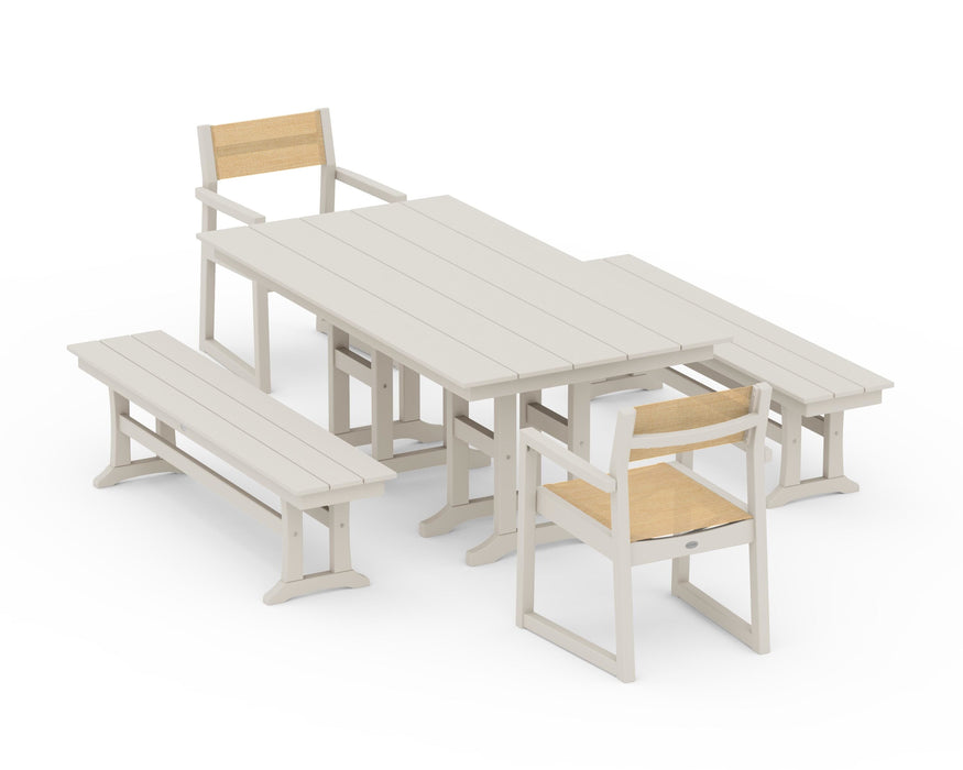 POLYWOOD® EDGE Sling Arm Chair 5-Piece Farmhouse Dining Set with Benches