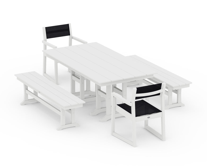 POLYWOOD® EDGE Sling Arm Chair 5-Piece Farmhouse Dining Set with Benches