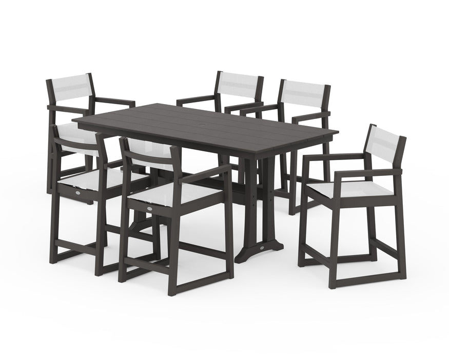 POLYWOOD® EDGE Sling Arm Chair 7-Piece Farmhouse Counter Set with Trestle Legs