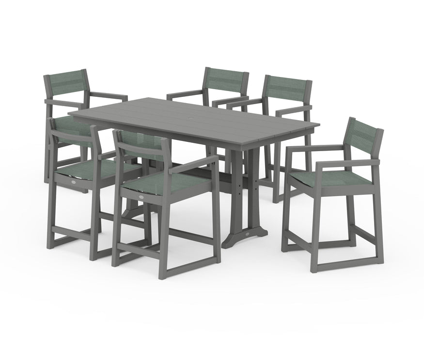 POLYWOOD® EDGE Sling Arm Chair 7-Piece Farmhouse Counter Set with Trestle Legs