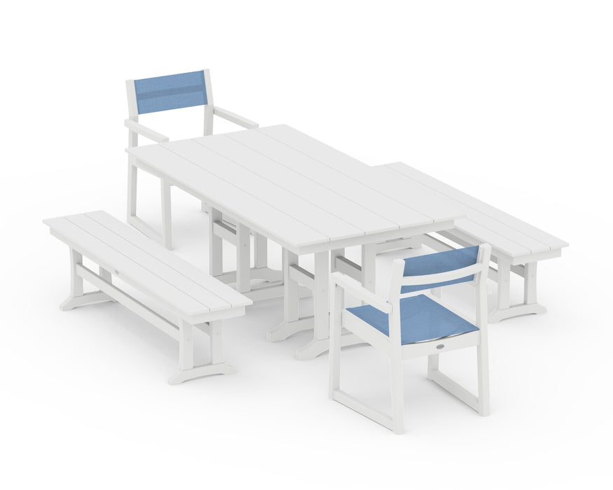 POLYWOOD® EDGE Sling Arm Chair 5-Piece Farmhouse Dining Set with Benches