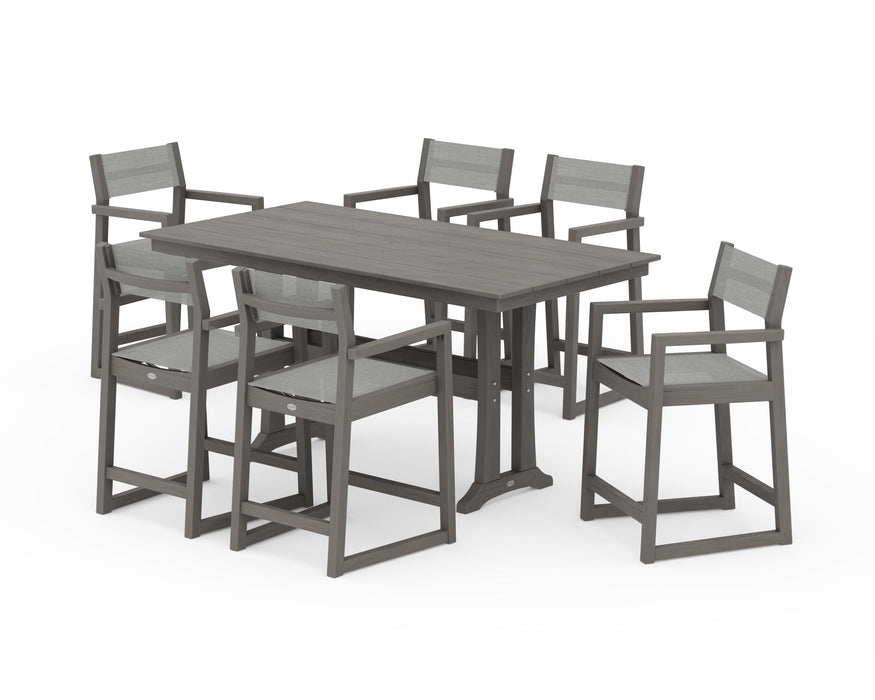 POLYWOOD® EDGE Sling Arm Chair 7-Piece Farmhouse Counter Set with Trestle Legs