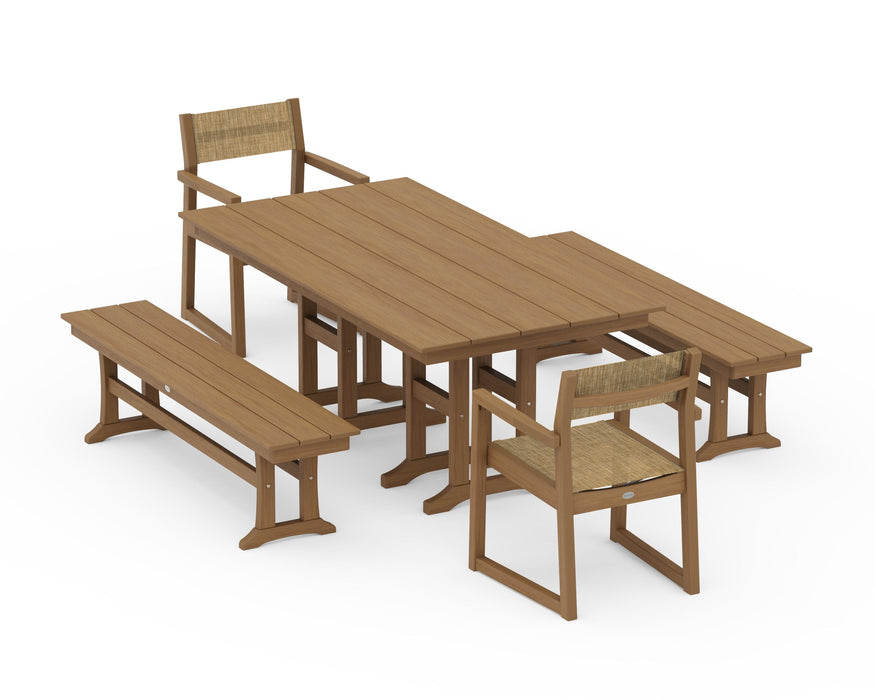 POLYWOOD® EDGE Sling Arm Chair 5-Piece Farmhouse Dining Set with Benches