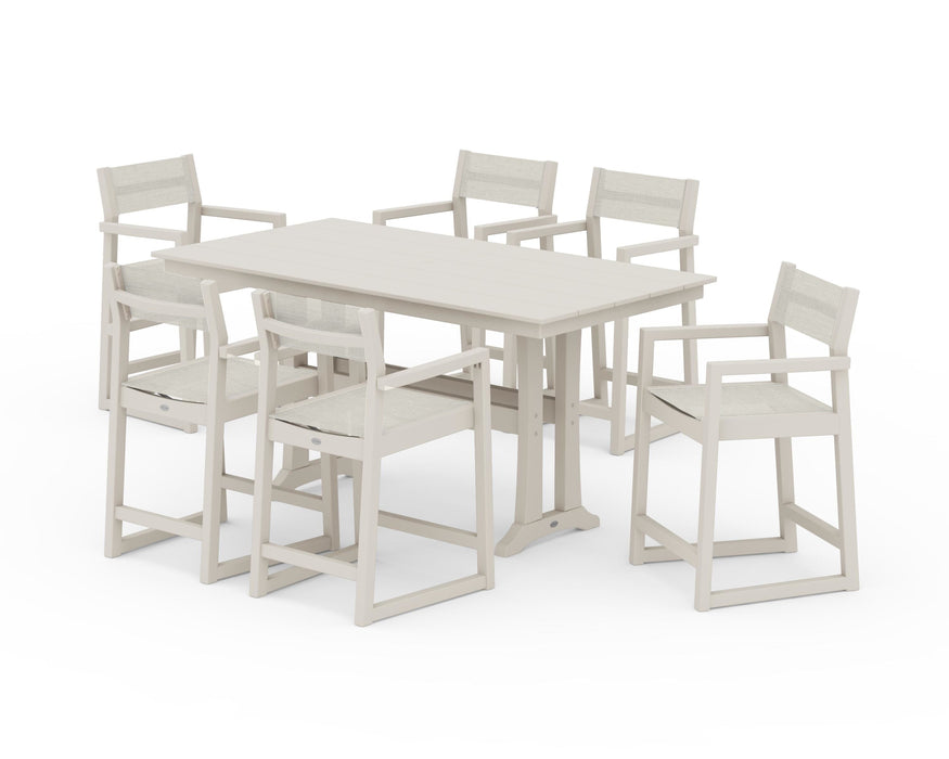 POLYWOOD® EDGE Sling Arm Chair 7-Piece Farmhouse Counter Set with Trestle Legs