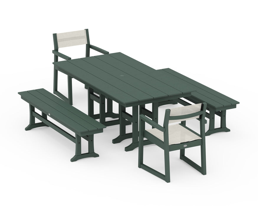POLYWOOD® EDGE Sling Arm Chair 5-Piece Farmhouse Dining Set with Benches