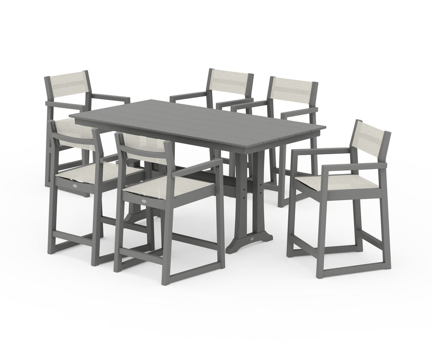 POLYWOOD® EDGE Sling Arm Chair 7-Piece Farmhouse Counter Set with Trestle Legs