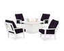 POLYWOOD Prairie 5-Piece Deep Seating Set with Fire Pit Table in White / Navy Linen