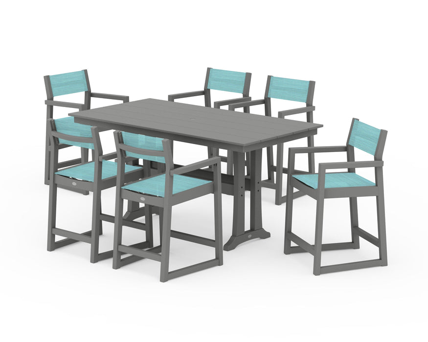 POLYWOOD® EDGE Sling Arm Chair 7-Piece Farmhouse Counter Set with Trestle Legs