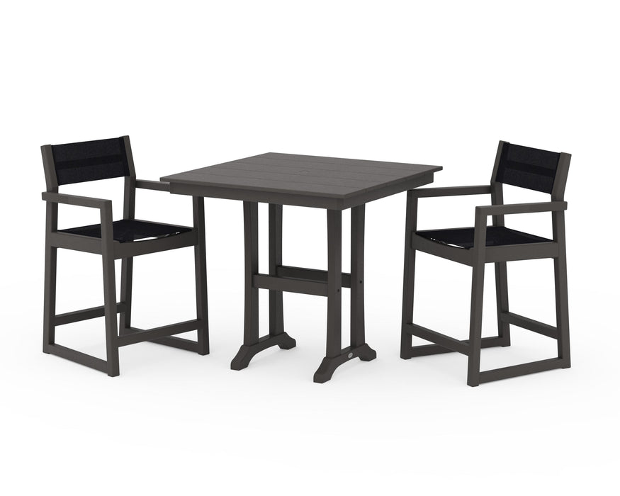 POLYWOOD® EDGE Sling Arm Chair 3-Piece Farmhouse Counter Set with Trestle Legs