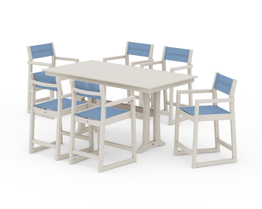 POLYWOOD® EDGE Sling Arm Chair 7-Piece Farmhouse Counter Set with Trestle Legs