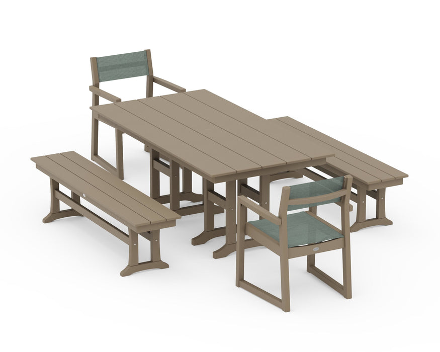 POLYWOOD® EDGE Sling Arm Chair 5-Piece Farmhouse Dining Set with Benches