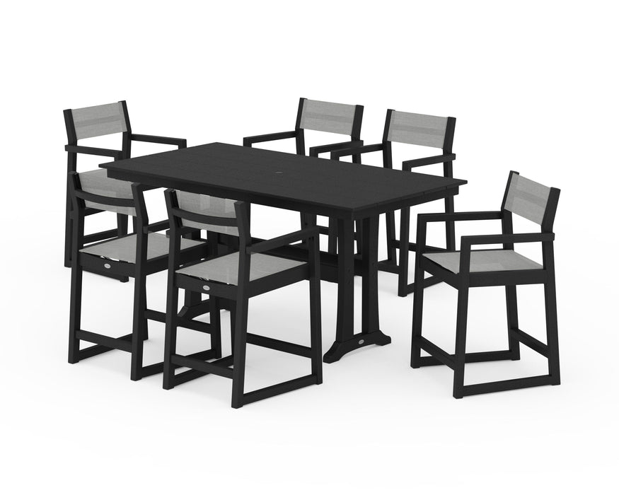 POLYWOOD® EDGE Sling Arm Chair 7-Piece Farmhouse Counter Set with Trestle Legs