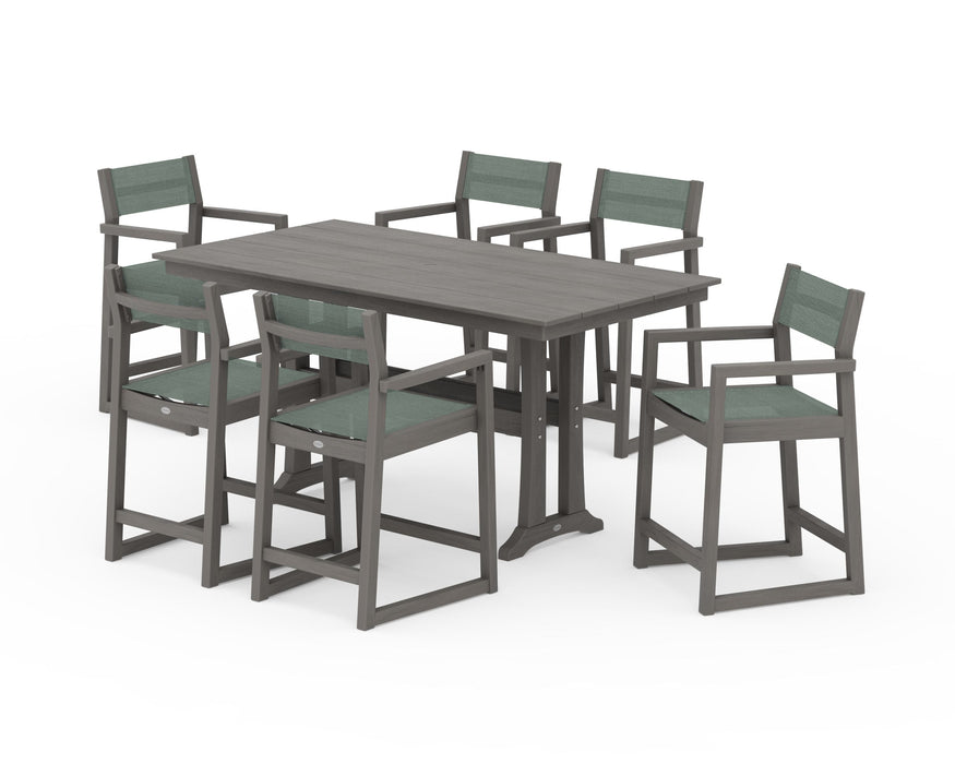 POLYWOOD® EDGE Sling Arm Chair 7-Piece Farmhouse Counter Set with Trestle Legs