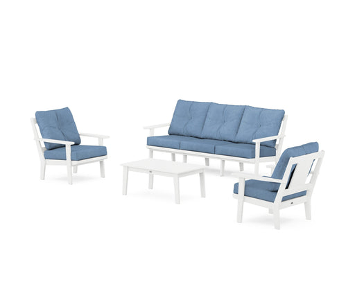 POLYWOOD Prairie 4-Piece Deep Seating Set with Sofa in White / Sky Blue