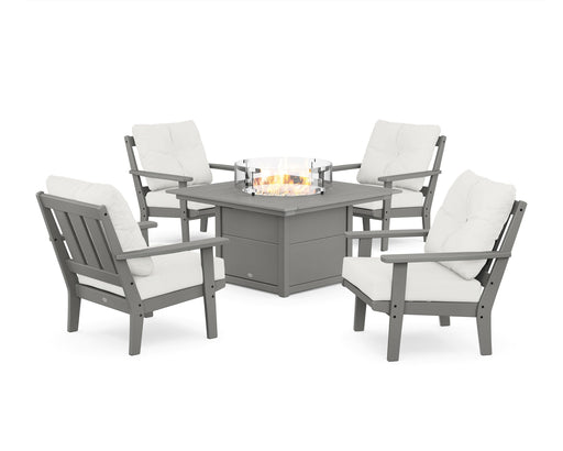 POLYWOOD Oxford 5-Piece Deep Seating Set with Fire Pit Table in Slate Grey / Natural Linen