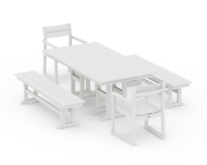 POLYWOOD® EDGE Sling Arm Chair 5-Piece Farmhouse Dining Set with Benches