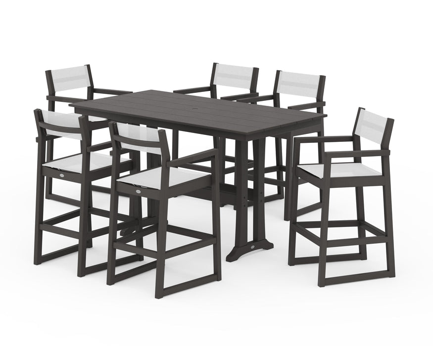 POLYWOOD® EDGE Sling Arm Chair 7-Piece Farmhouse Bar Set with Trestle Legs