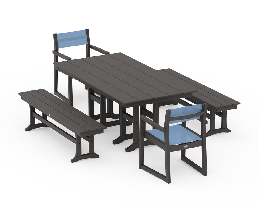 POLYWOOD® EDGE Sling Arm Chair 5-Piece Farmhouse Dining Set with Benches