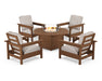 POLYWOOD Club 5-Piece Conversation Set with Fire Pit Table in Teak / Dune Burlap