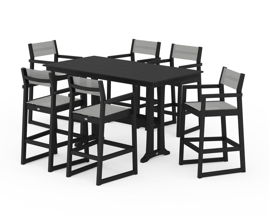 POLYWOOD® EDGE Sling Arm Chair 7-Piece Farmhouse Bar Set with Trestle Legs