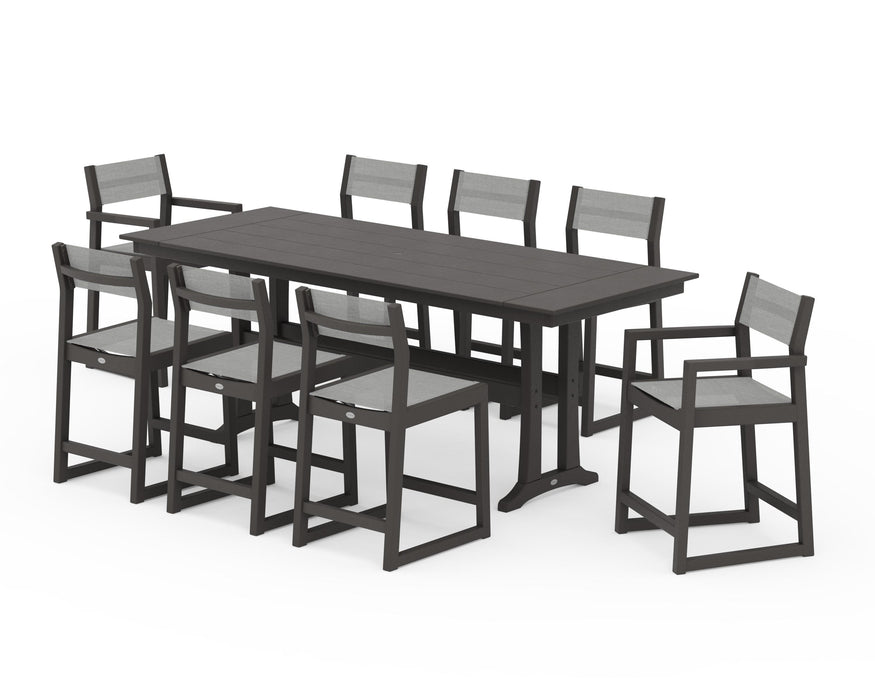 POLYWOOD® EDGE Sling 9-Piece Farmhouse Counter Set with Trestle Legs