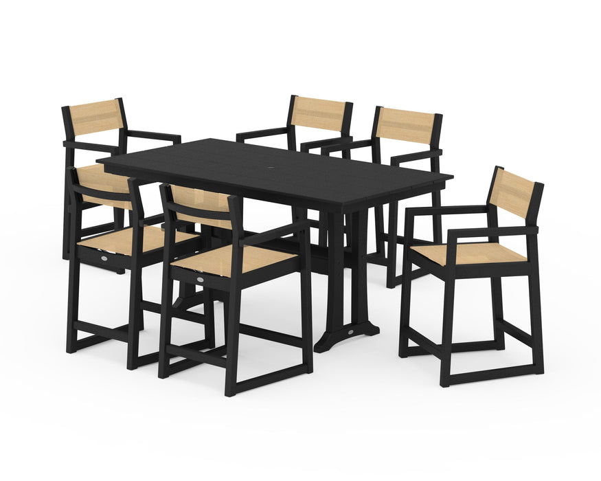 POLYWOOD® EDGE Sling Arm Chair 7-Piece Farmhouse Counter Set with Trestle Legs