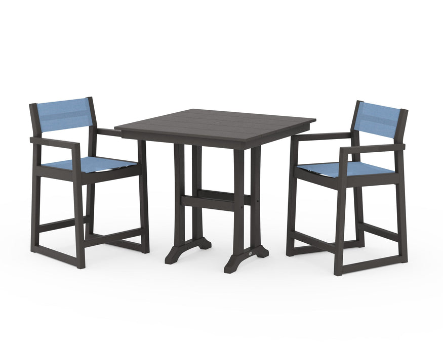 POLYWOOD® EDGE Sling Arm Chair 3-Piece Farmhouse Counter Set with Trestle Legs