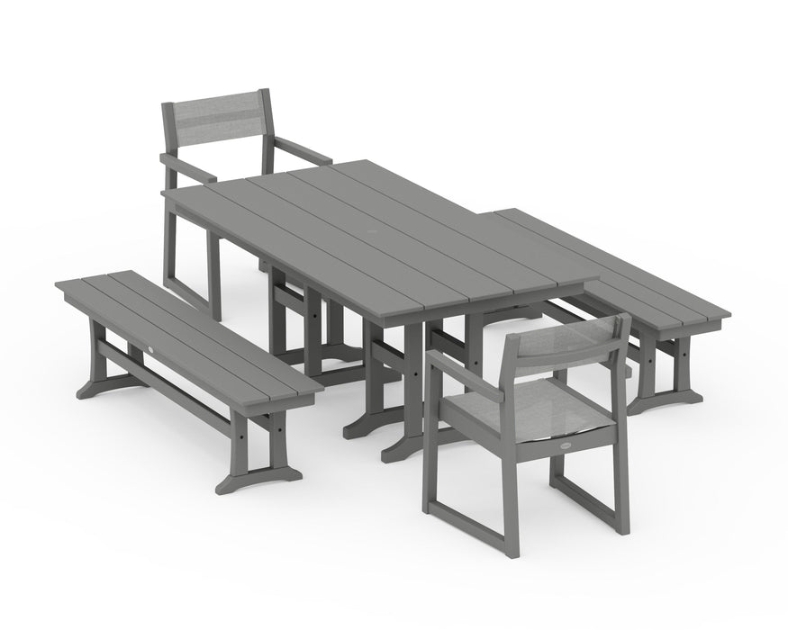 POLYWOOD® EDGE Sling Arm Chair 5-Piece Farmhouse Dining Set with Benches