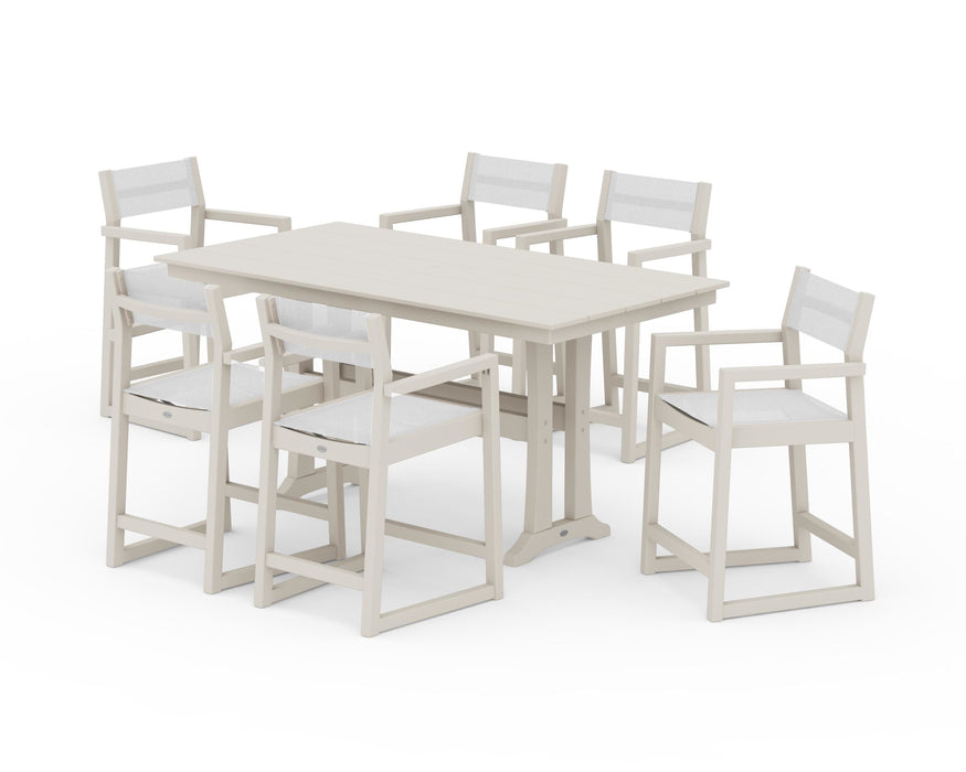 POLYWOOD® EDGE Sling Arm Chair 7-Piece Farmhouse Counter Set with Trestle Legs