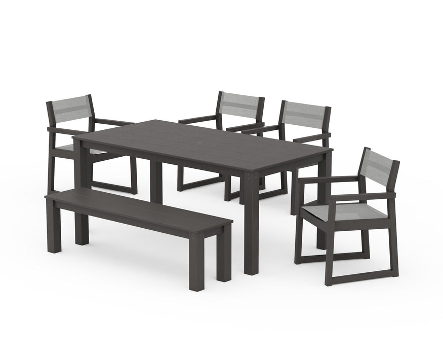POLYWOOD® EDGE Sling Arm Chair 6-Piece Parsons Dining Set with Bench