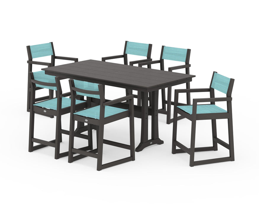 POLYWOOD® EDGE Sling Arm Chair 7-Piece Farmhouse Counter Set with Trestle Legs