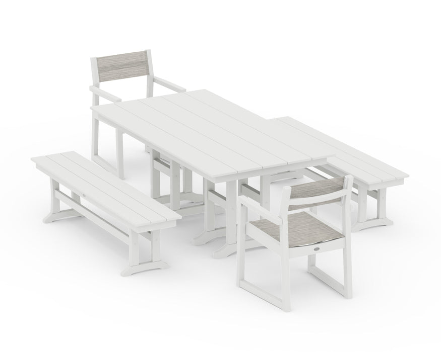 POLYWOOD® EDGE Sling Arm Chair 5-Piece Farmhouse Dining Set with Benches