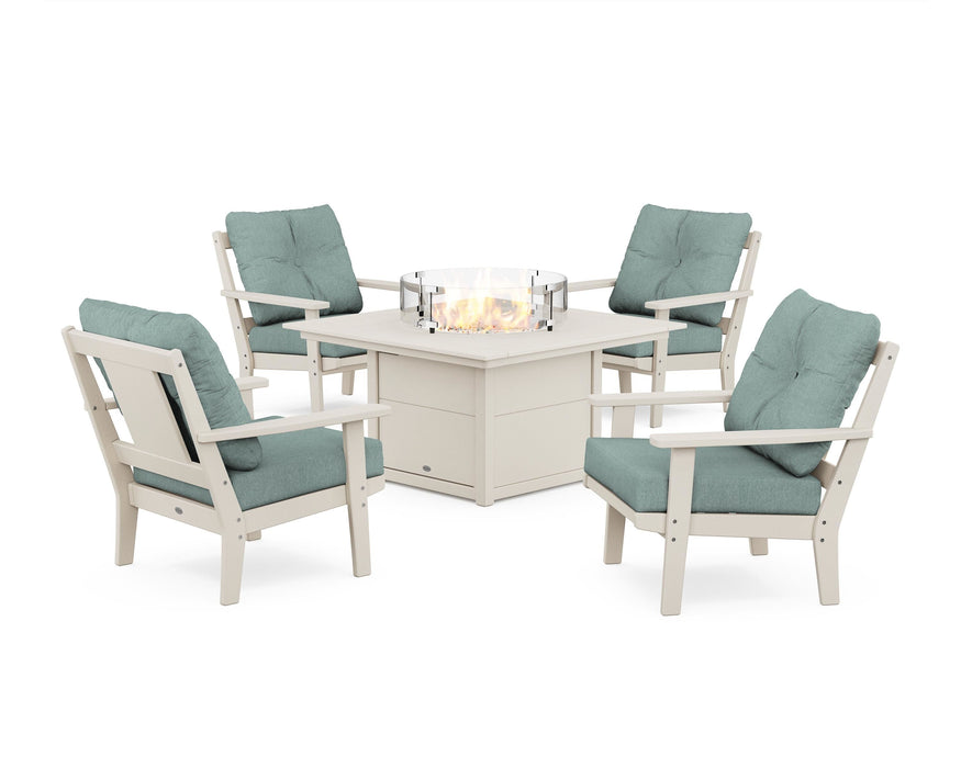 POLYWOOD Prairie 5-Piece Deep Seating Set with Fire Pit Table in Sand / Glacier Spa