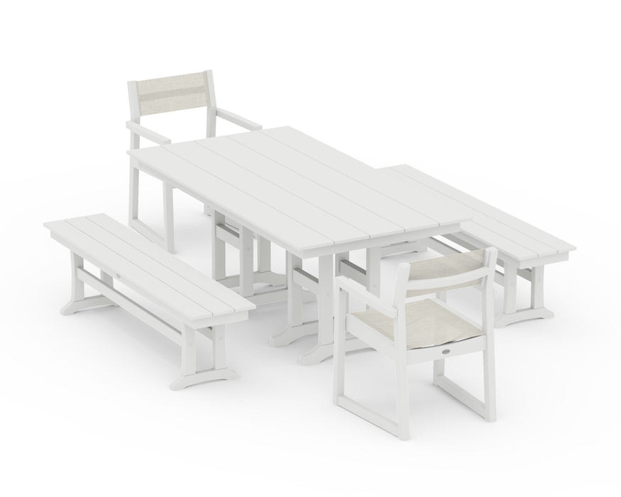 POLYWOOD® EDGE Sling Arm Chair 5-Piece Farmhouse Dining Set with Benches