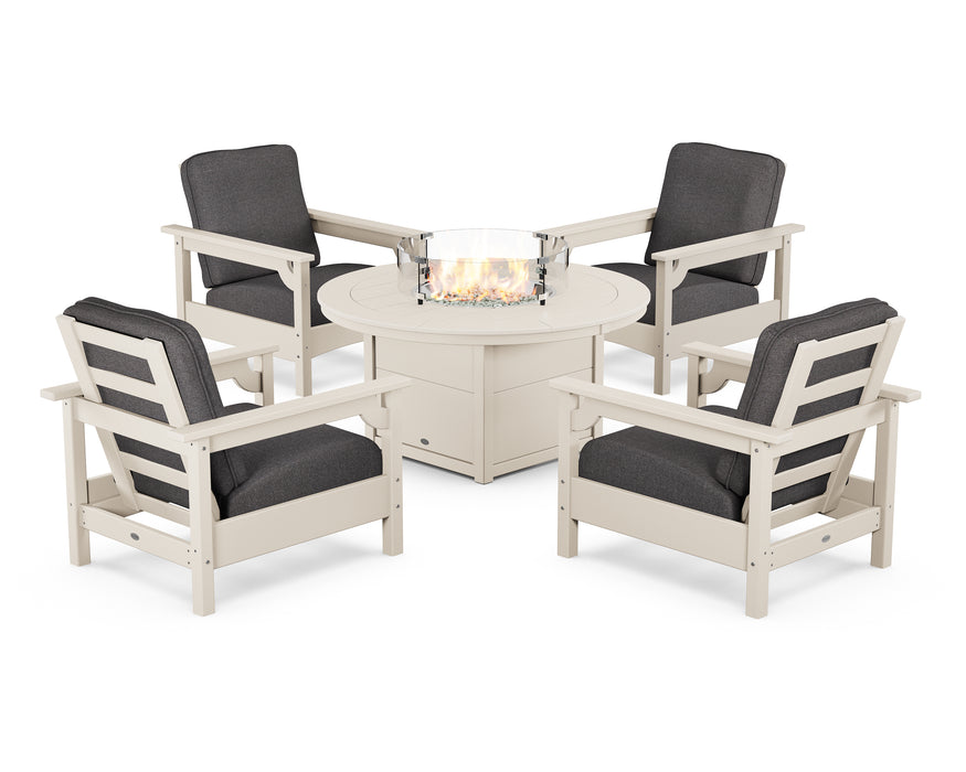 POLYWOOD Club 5-Piece Conversation Set with Fire Pit Table in Sand / Ash Charcoal