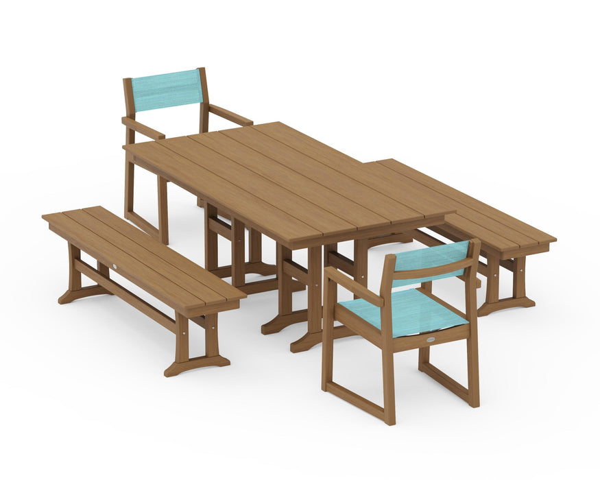 POLYWOOD® EDGE Sling Arm Chair 5-Piece Farmhouse Dining Set with Benches