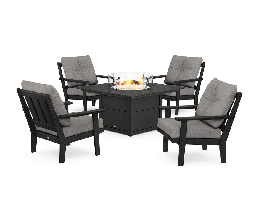 POLYWOOD Oxford 5-Piece Deep Seating Set with Fire Pit Table in Black / Grey Mist