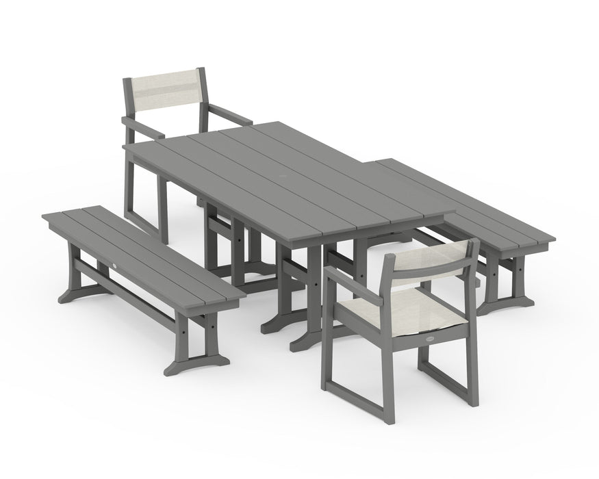 POLYWOOD® EDGE Sling Arm Chair 5-Piece Farmhouse Dining Set with Benches