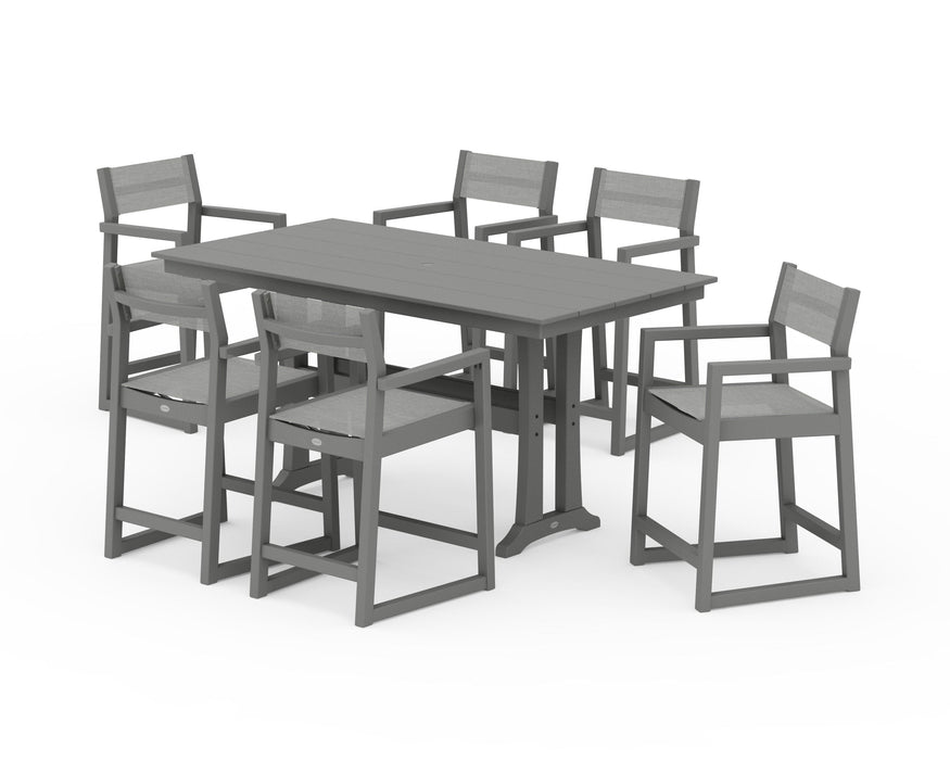 POLYWOOD® EDGE Sling Arm Chair 7-Piece Farmhouse Counter Set with Trestle Legs