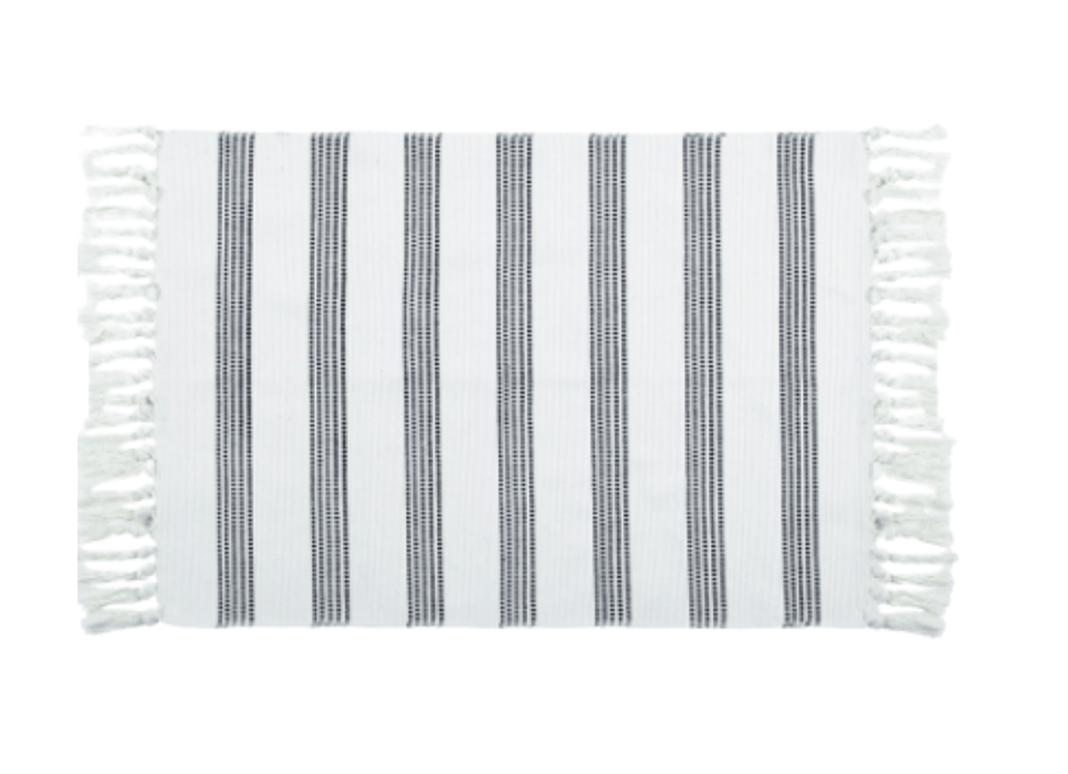 Black and White Striped Accent Rug With Fringe