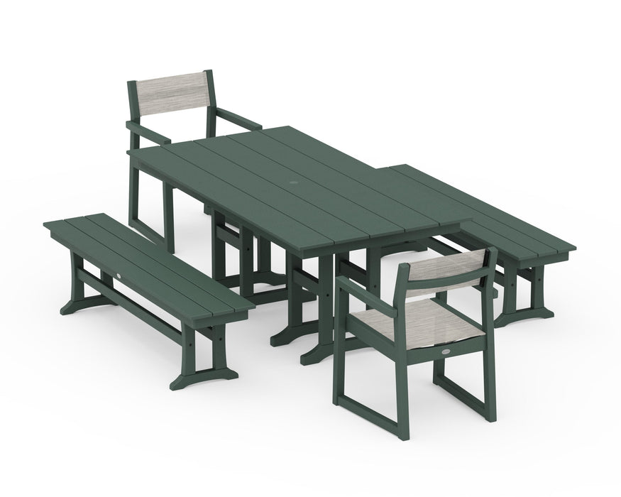 POLYWOOD® EDGE Sling Arm Chair 5-Piece Farmhouse Dining Set with Benches