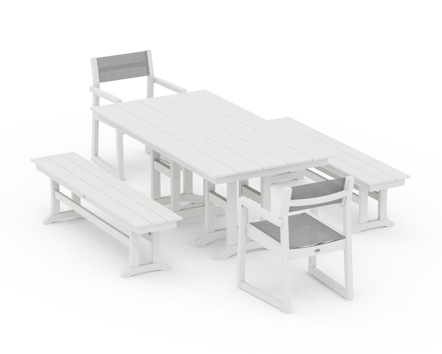 POLYWOOD® EDGE Sling Arm Chair 5-Piece Farmhouse Dining Set with Benches