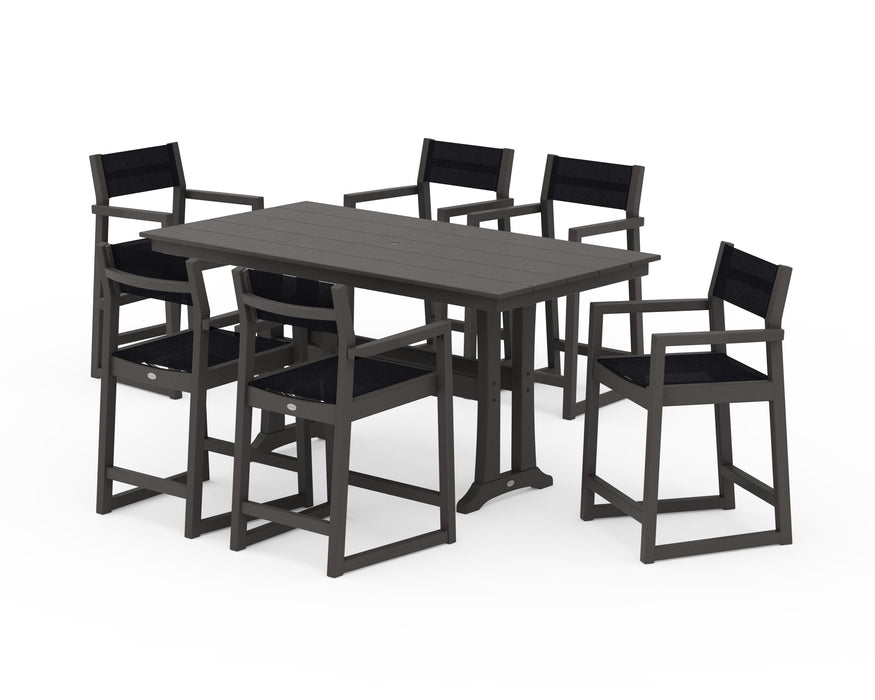 POLYWOOD® EDGE Sling Arm Chair 7-Piece Farmhouse Counter Set with Trestle Legs