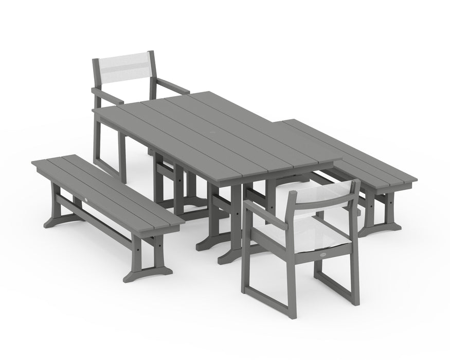 POLYWOOD® EDGE Sling Arm Chair 5-Piece Farmhouse Dining Set with Benches