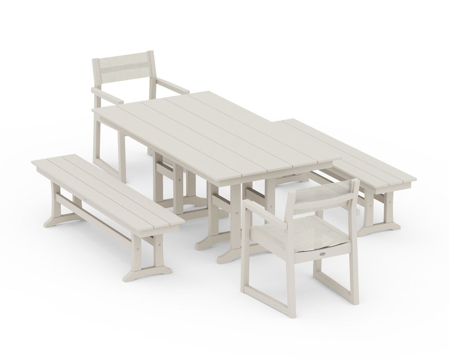 POLYWOOD® EDGE Sling Arm Chair 5-Piece Farmhouse Dining Set with Benches