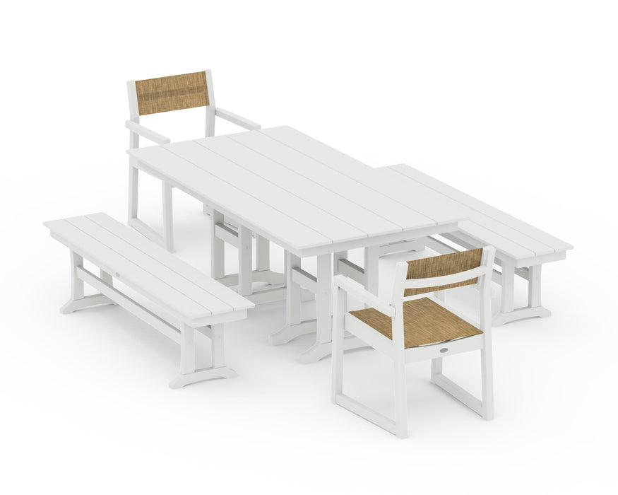 POLYWOOD® EDGE Sling Arm Chair 5-Piece Farmhouse Dining Set with Benches
