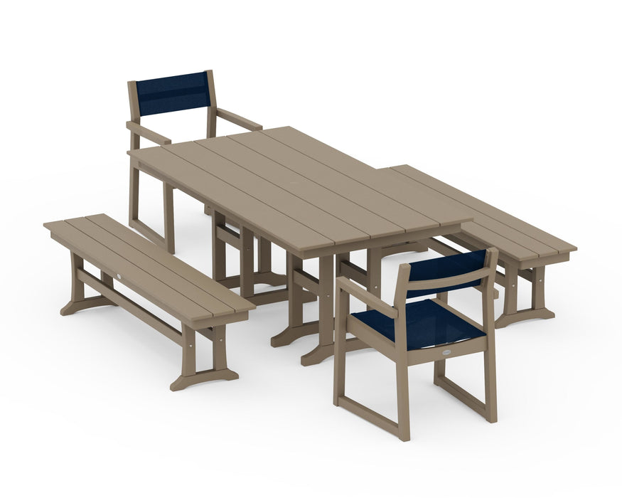 POLYWOOD® EDGE Sling Arm Chair 5-Piece Farmhouse Dining Set with Benches